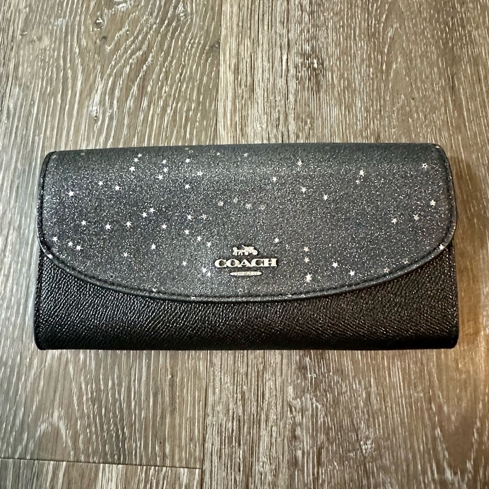 Coach Slim Envelope Full Size Snap Star Glitter Sparkling Wallet Black